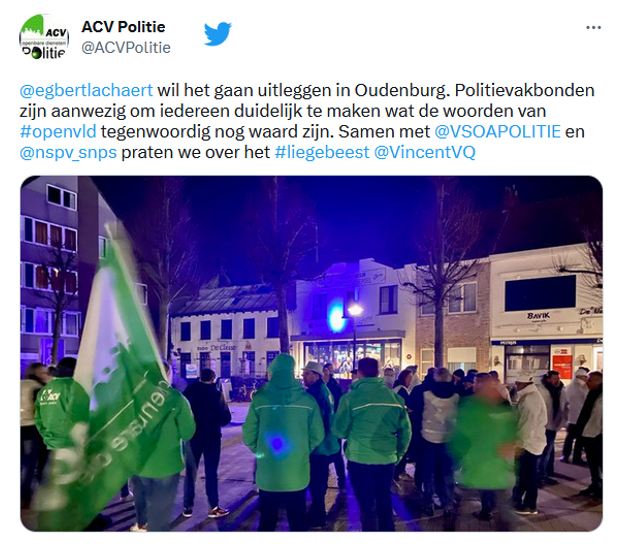 twitterbericht over de vakbondsactie in Oudenburg